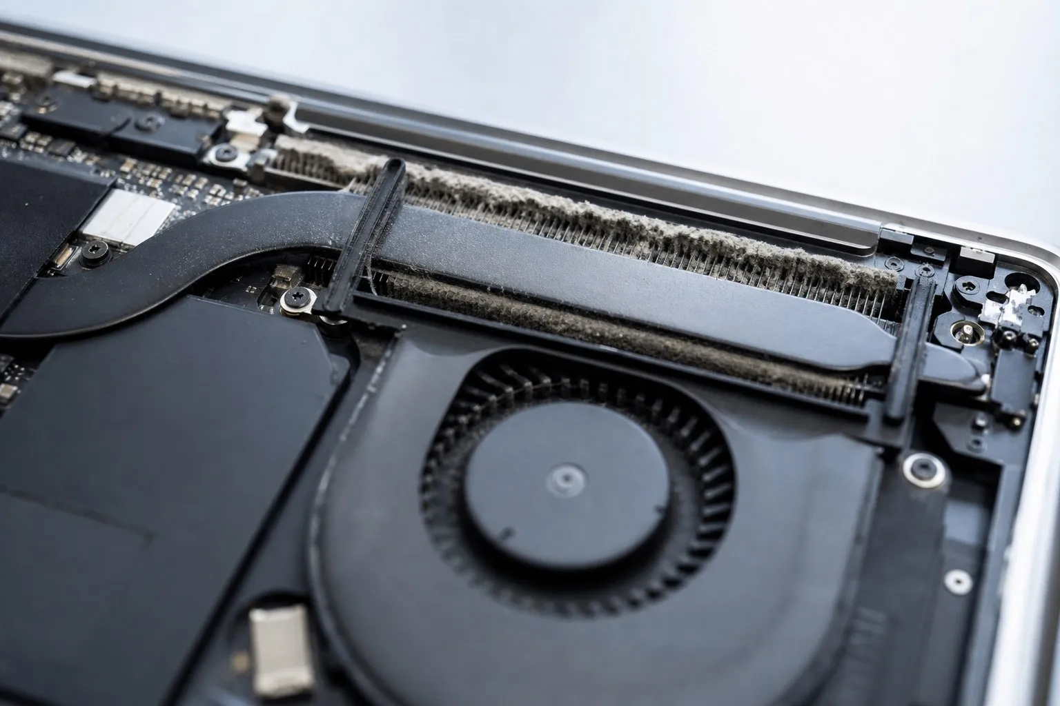 Пыль на радиаторе системы охлаждения MacBook