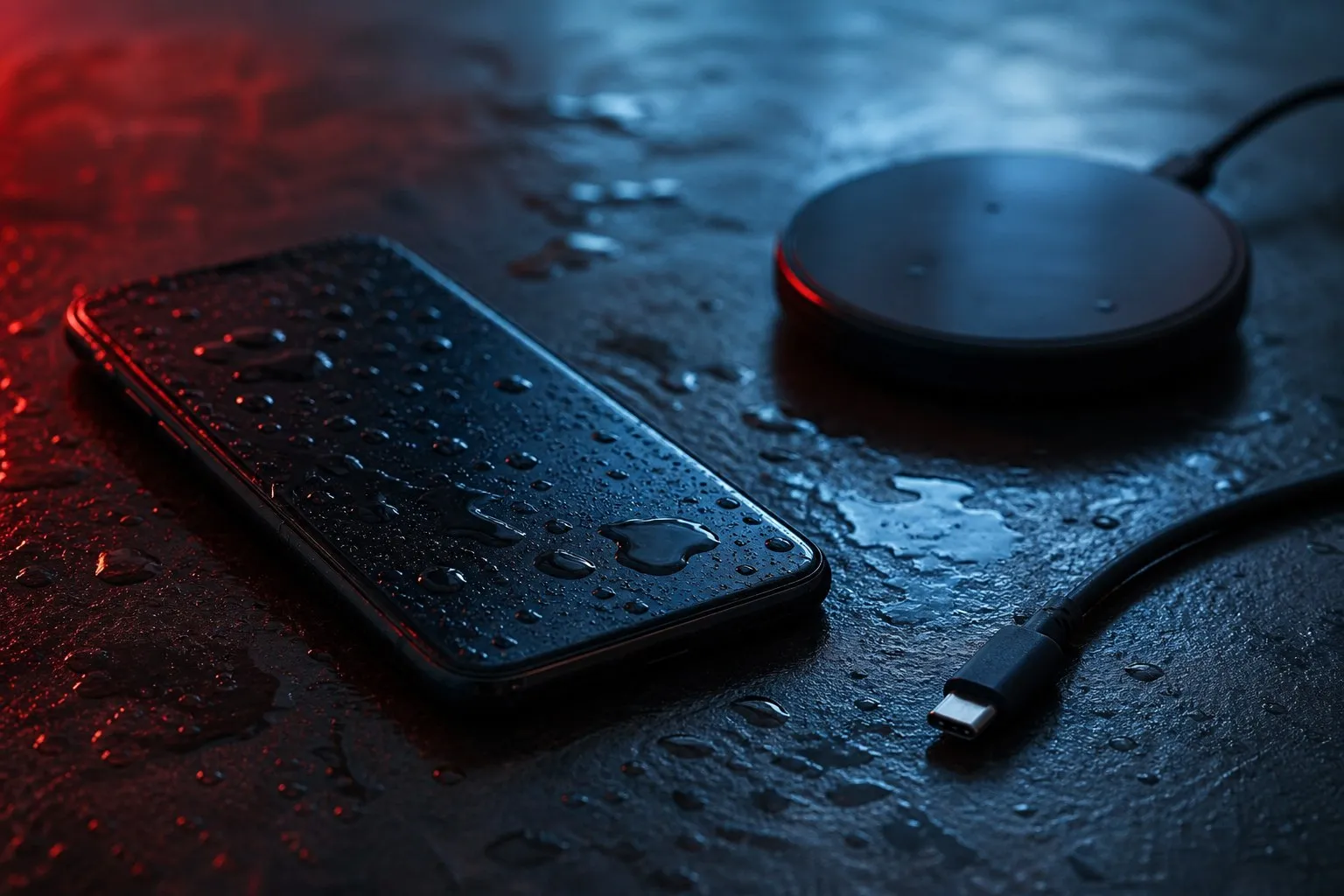 Мокрый iPhone рядом с зарядкой