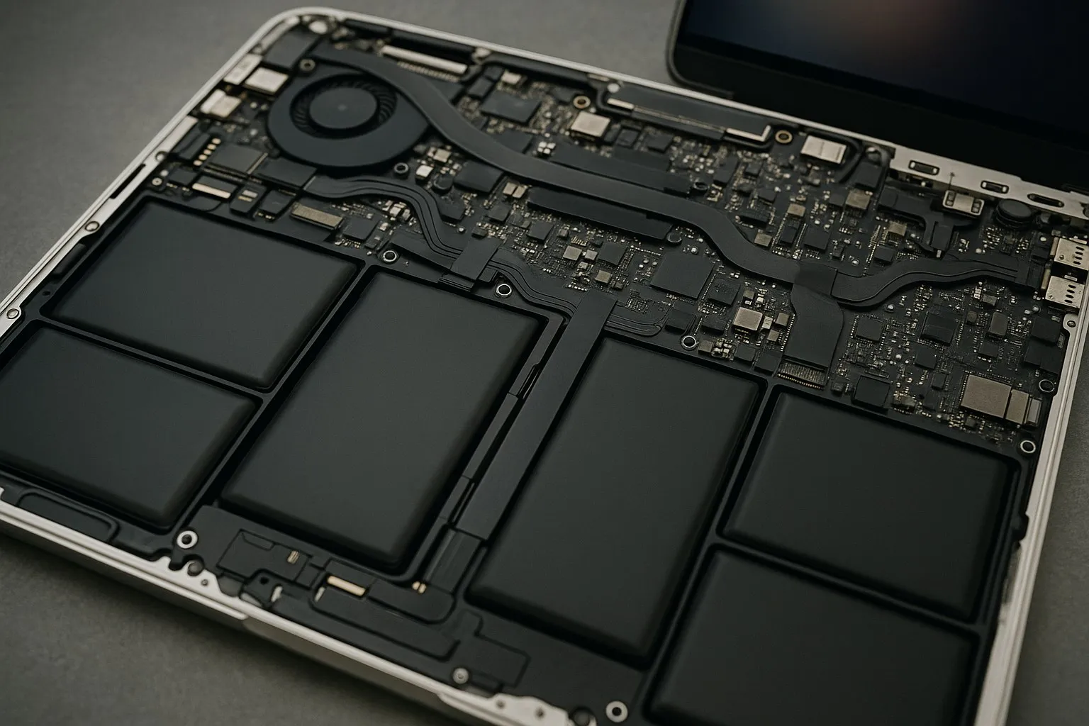 Внутренние компоненты MacBook рядом с аккумулятором