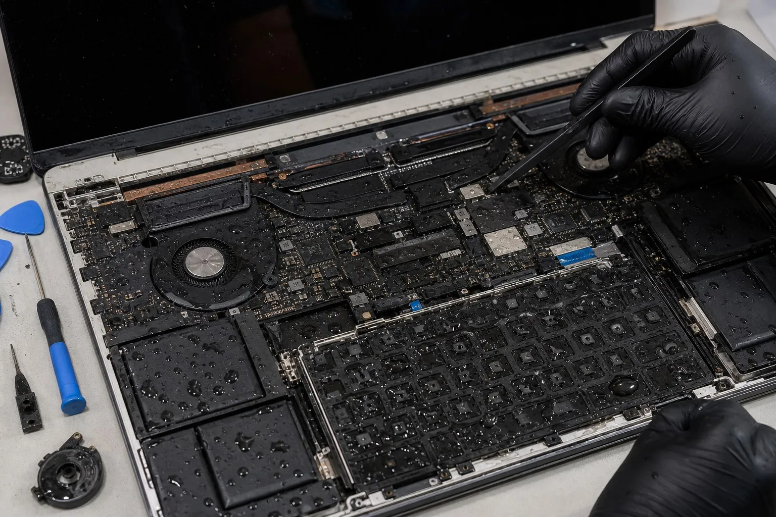 Внутренние узлы MacBook Pro 16 после попадания жидкости