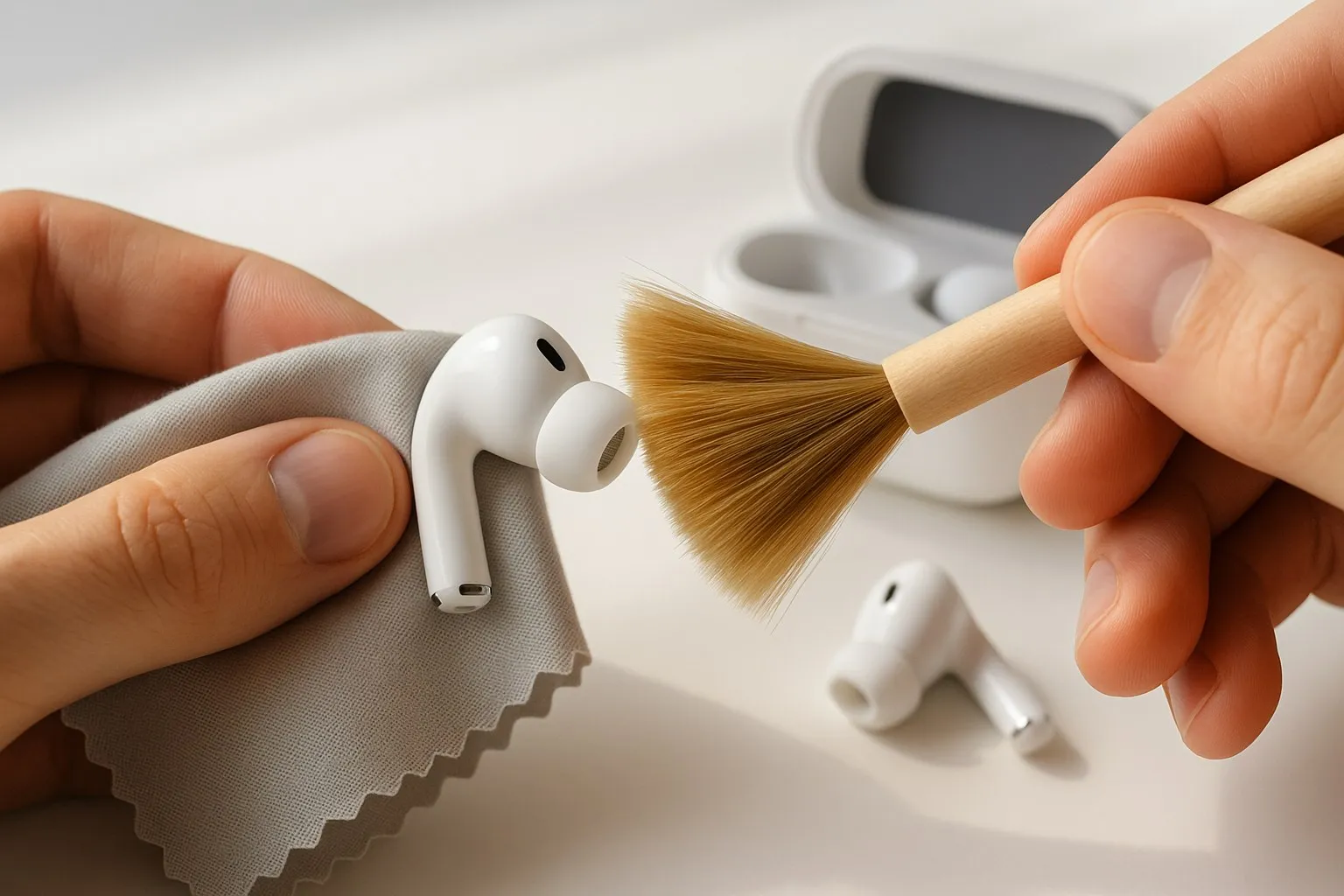 Безопасная чистка AirPods мягкой кисточкой