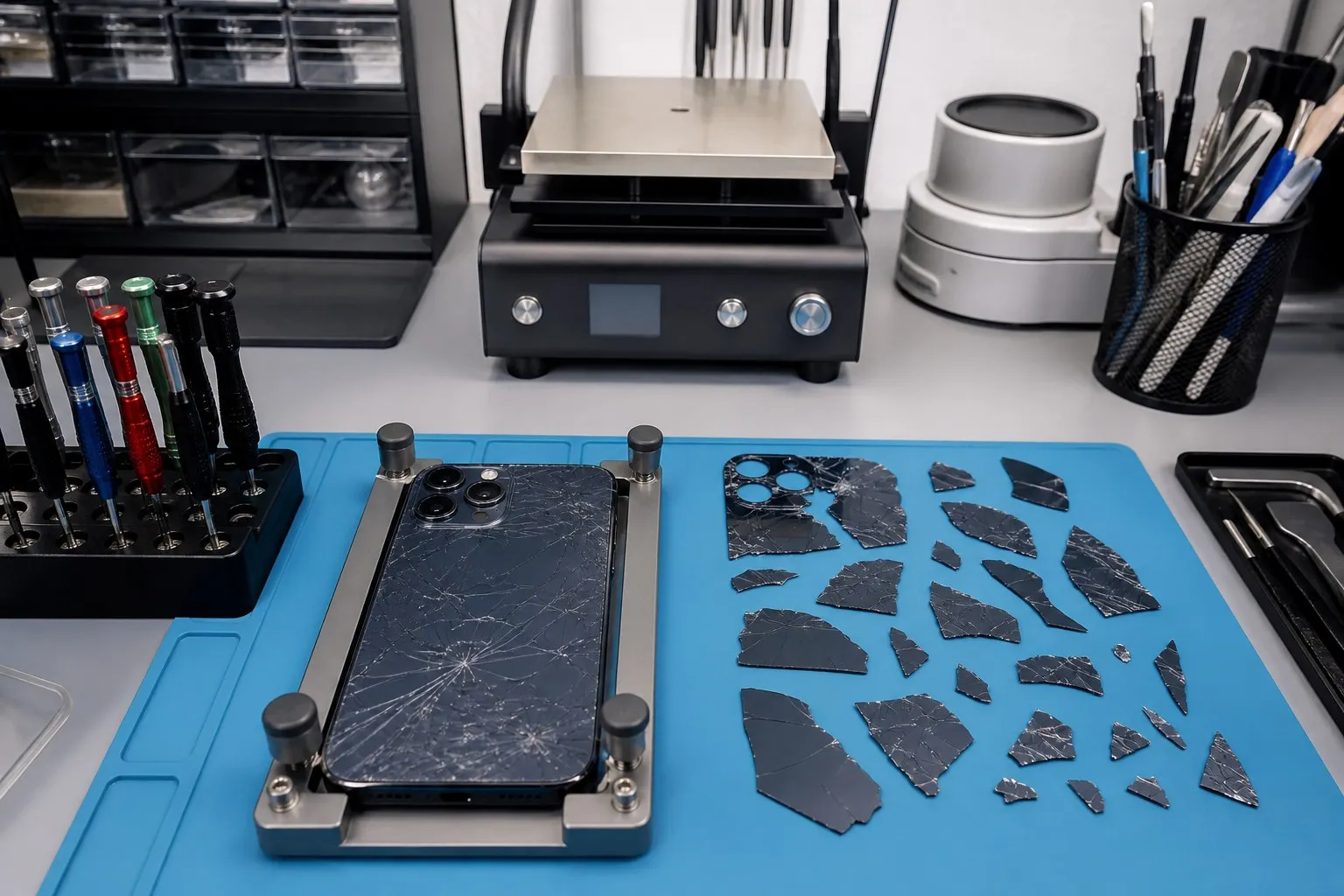 Рабочее место для замены заднего стекла iPhone