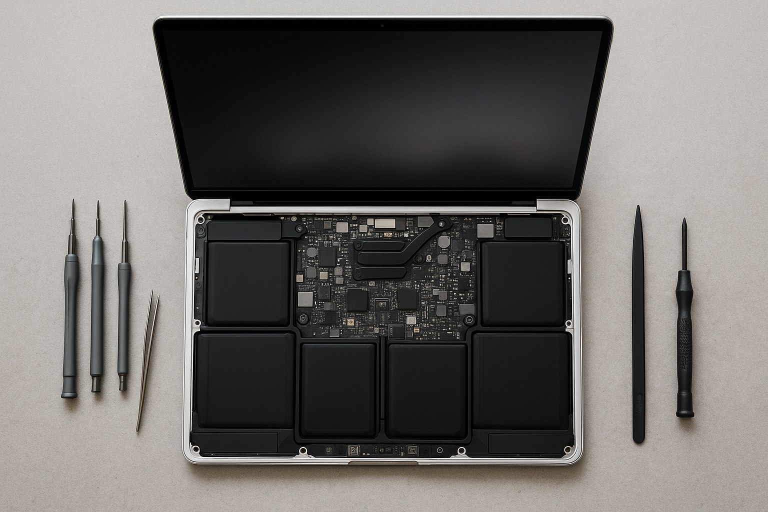 Аккумулятор и плата питания MacBook внутри корпуса